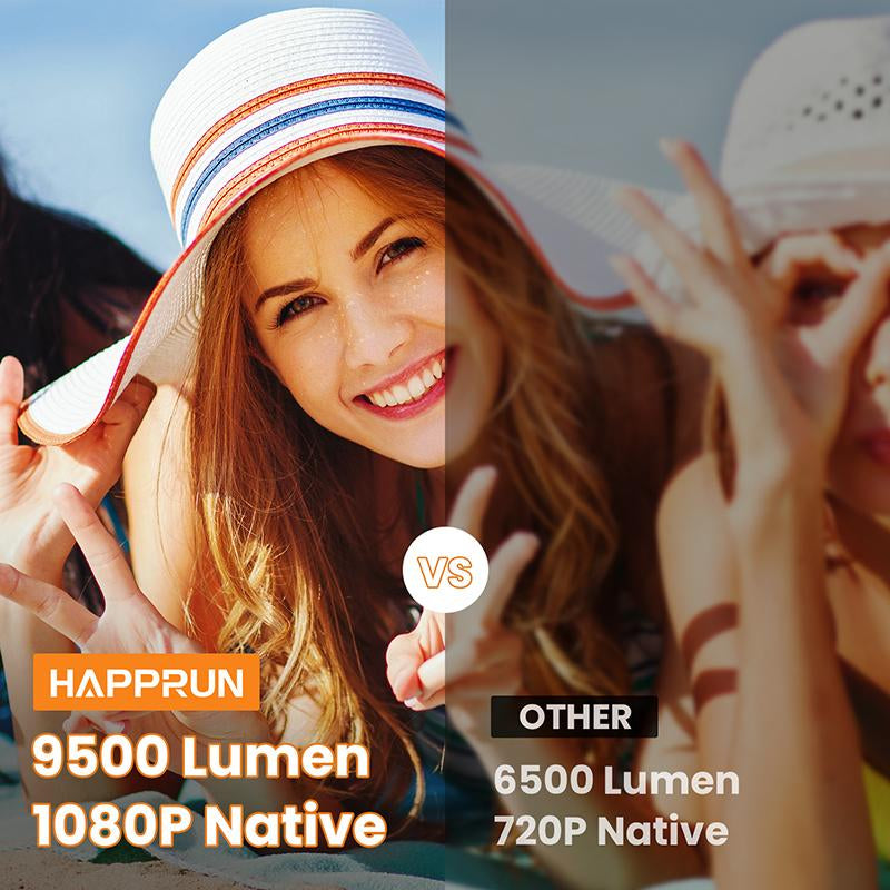HAPPRUN Native 1080P Bluetooth Projector, Full HD Portable Outdoor Movie Projector with Built-In Speaker, Compatible with Smartphone, HDMI, USB, AV, Fire Stick, PS5 for Home, Bedroom, Outdoor Use