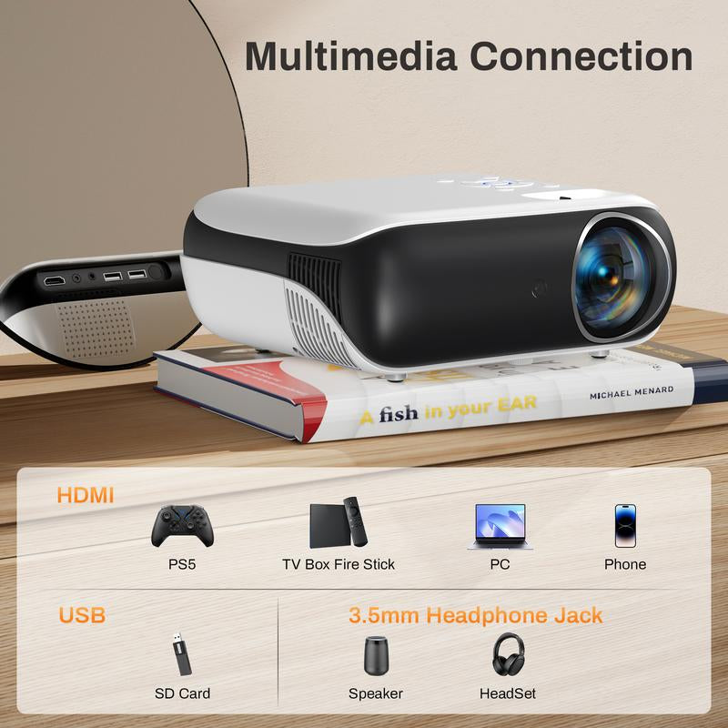 HAPPRUN Native 1080P Bluetooth Projector, Full HD Portable Outdoor Movie Projector with Built-In Speaker, Compatible with Smartphone, HDMI, USB, AV, Fire Stick, PS5 for Home, Bedroom, Outdoor Use