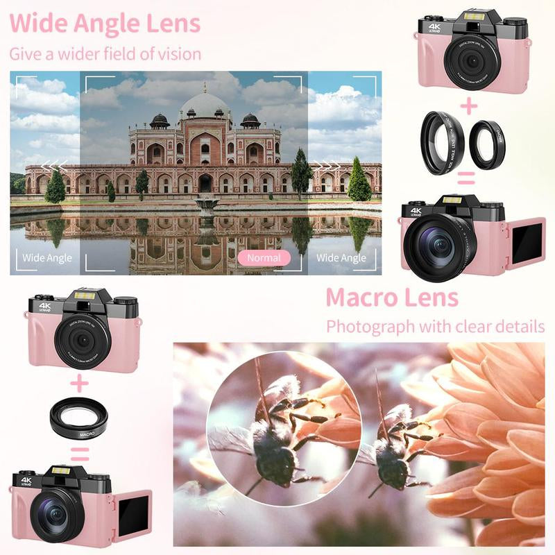 GLOBAL PICK 4K Digital Camera with 180° Flip Screen, 16X Digital Zoom Vlogging Camera, Autofocus Camera, Including Wide Angle & Macro Lens, 32GB TF Card, Ideal Gift Choice, Photographic Kit
