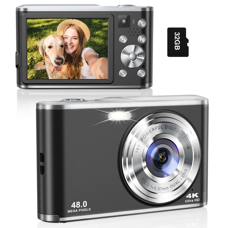 Digital Camera, Auto Focus FHD 4K Vlogging Camera with Dual Camera 16X Digital Zoom, Compact Camera with 32GB Memory Card, Portable Point and Shoot Cameras, Photo Camera
