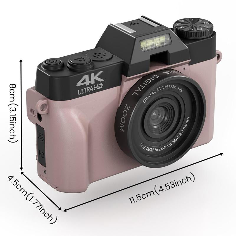 GLOBAL PICK 4K Digital Camera with 180° Flip Screen, 16X Digital Zoom Vlogging Camera, Autofocus Camera, Including Wide Angle & Macro Lens, 32GB TF Card, Ideal Gift Choice, Photographic Kit