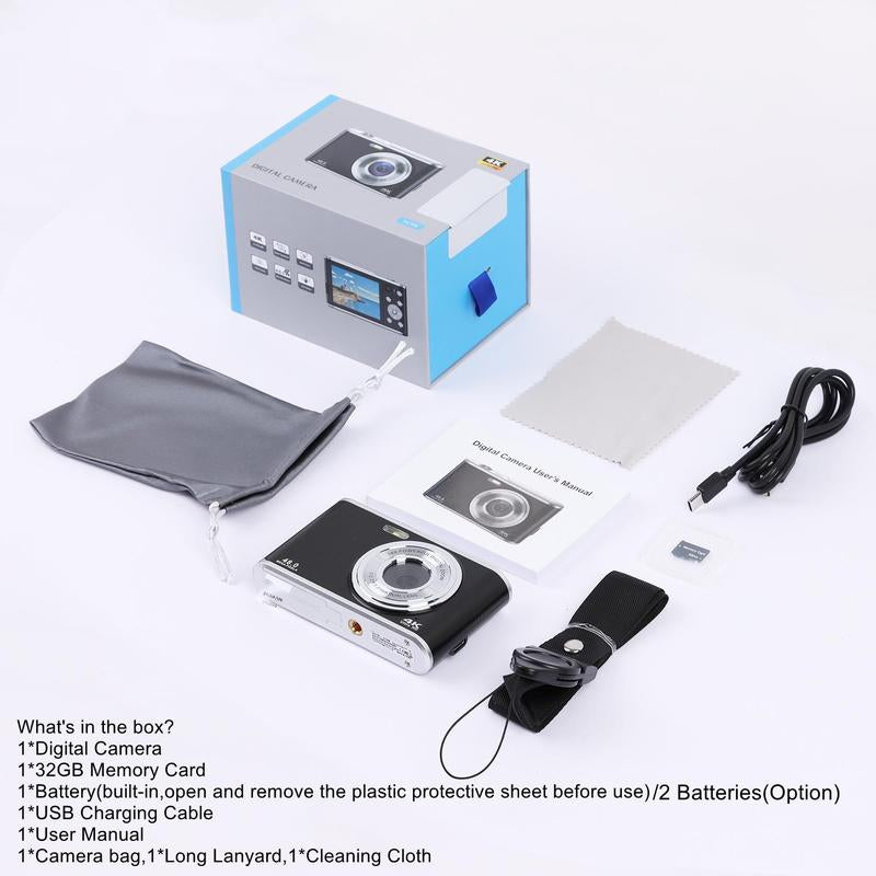 Digital Camera, Auto Focus FHD 4K Vlogging Camera with Dual Camera 16X Digital Zoom, Compact Camera with 32GB Memory Card, Portable Point and Shoot Cameras, Photo Camera