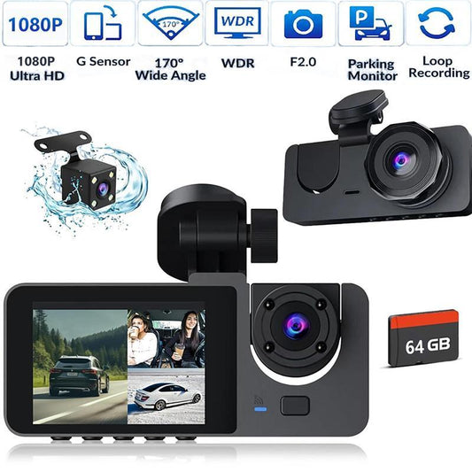 Car DVR with Dual Lens, Front Dash Camera for Cars, Mini Dashcams for Cars with Night Vision, Recording with 64GB